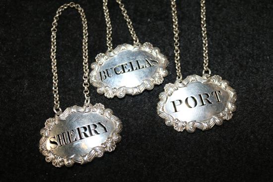 Set of 3 Georgian silver wine labels including Bucellas